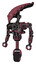 Robot containing flat elongated skull head and heavy upper chest and no chest plating and unicycle wheel. Muavewood halftone. Standing looking right restful pose.