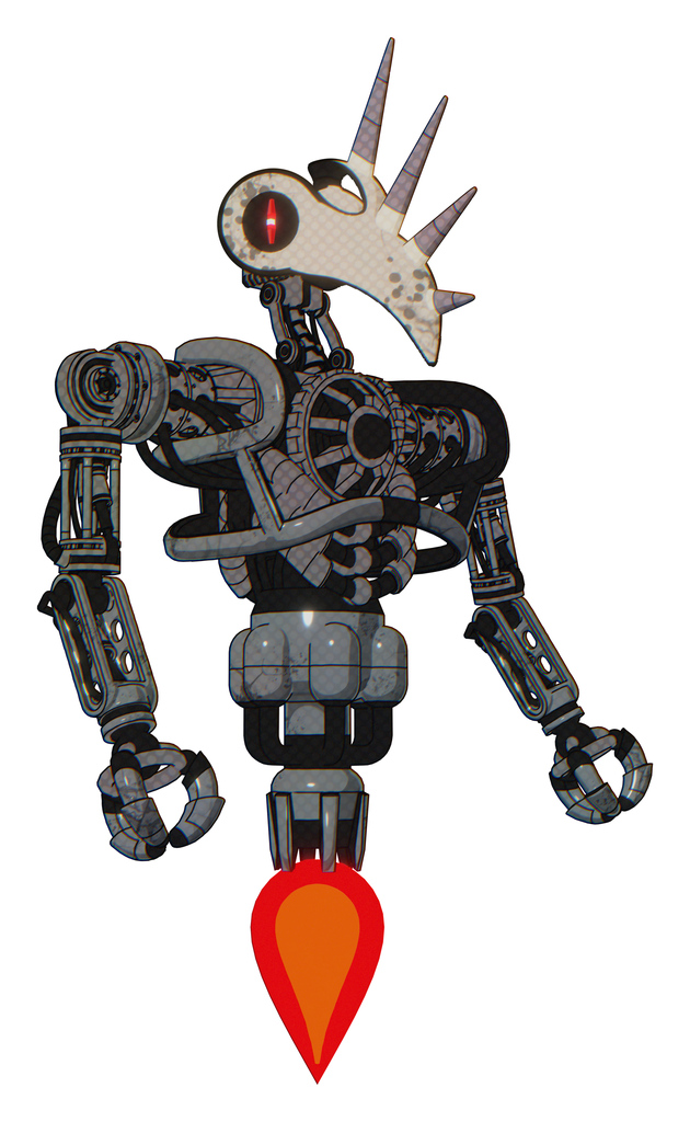 Cyborg containing bird skull head and red line eyes and heavy upper chest and no chest plating and jet propulsion. Patent concrete gray metal. Facing left view.