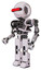 Mech containing round head and horizontal red visor and heavy upper chest and no chest plating and prototype exoplate legs. White halftone toon. Facing right view.
