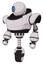 Cyborg containing dual retro camera head and power symbol head and heavy upper chest and triangle of blue leds and unicycle wheel. White halftone toon. Standing looking right restful pose.