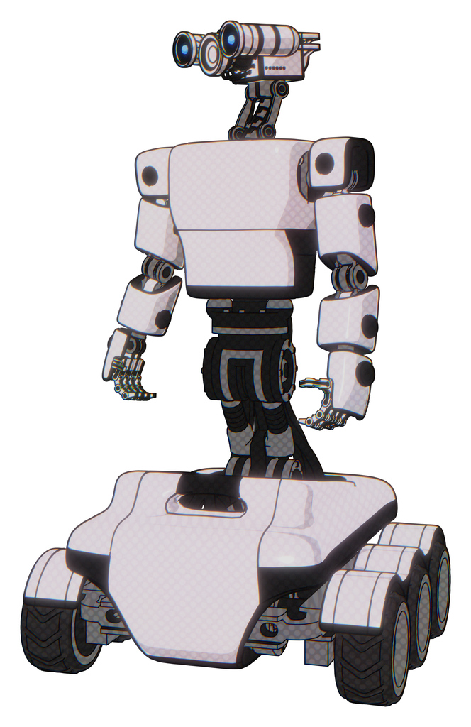 Droid containing dual retro camera head and simple blue telescopic eye head and light chest exoshielding and prototype exoplate chest and six-wheeler base. White halftone toon.