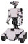 Droid containing dual retro camera head and simple blue telescopic eye head and light chest exoshielding and prototype exoplate chest and six-wheeler base. White halftone toon.