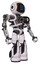 Droid containing digital display head and three horizontal line design and heavy upper chest and no chest plating and light leg exoshielding and stomper foot mod. White halftone toon.