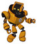 Bot containing dual retro camera head and retro tech device head and heavy upper chest and circle of blue leds and light leg exoshielding. Primary yellow halftone. Fight or defense pose..
