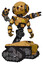 Automaton containing round head and head light gadgets and light chest exoshielding and yellow star and minigun back assembly and tank tracks and cat face. Construction yellow halftone. Hero pose.