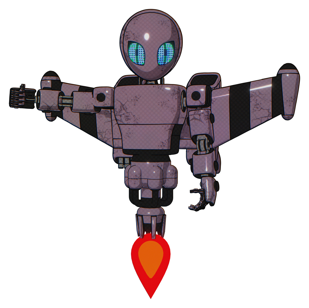 Droid containing grey alien style head and blue grate eyes and light chest exoshielding and prototype exoplate chest and stellar jet wing rocket pack and jet propulsion. Lilac metal.