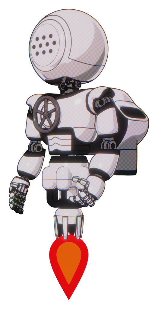 Cyborg containing dots array face and light chest exoshielding and chest valve crank and rocket pack and jet propulsion. White halftone toon. Facing right view.