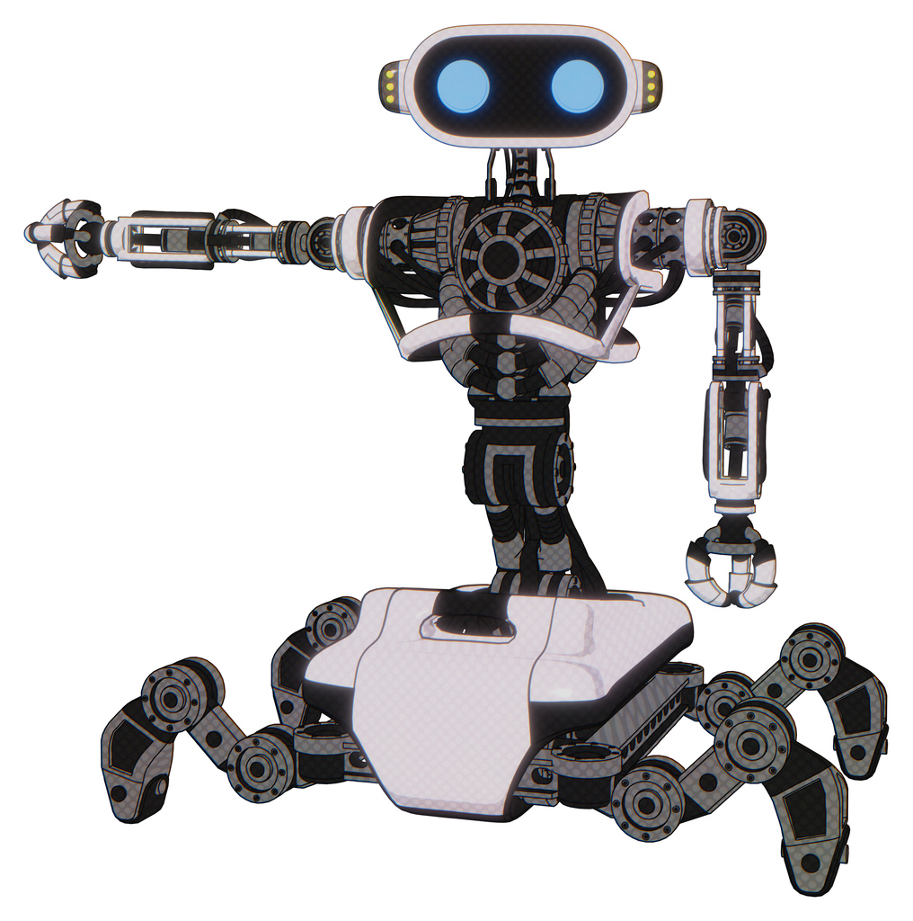 Robot containing dual retro camera head and cute retro robo head and yellow head leds and heavy upper chest and no chest plating and insect walker legs. White halftone toon.