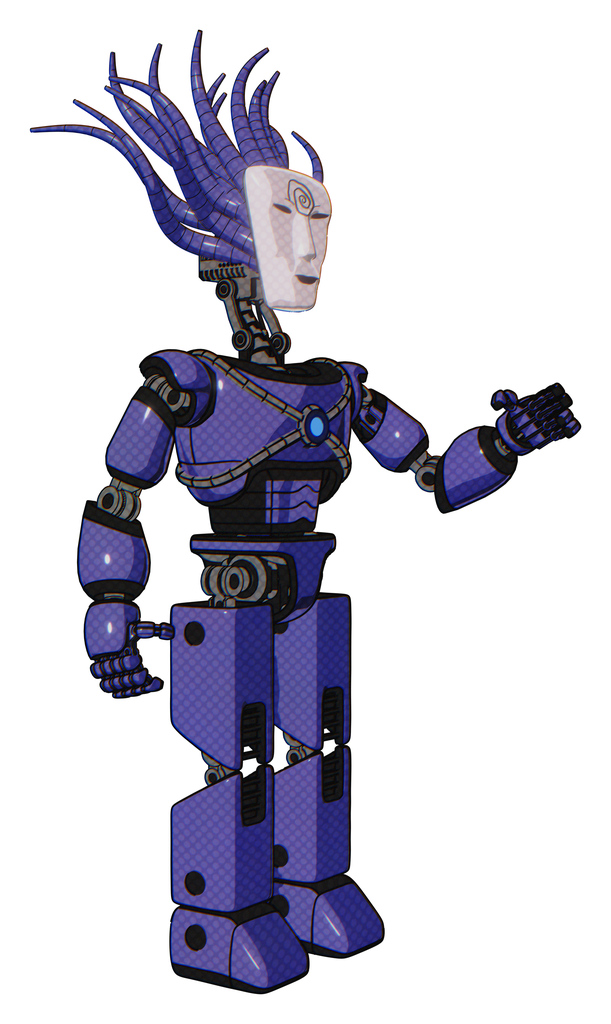 Android containing humanoid face mask and spiral design and light chest exoshielding and blue energy core and prototype exoplate legs. Primary blue halftone. Interacting.