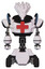 Robot containing flat elongated skull head and spikes, and heavy upper chest and first aid chest symbol and blue strip lights and six-wheeler base. White halftone toon. Front view.