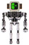 Automaton containing old computer monitor and abstract mask pixel face and old retro speakers and heavy upper chest and no chest plating and ultralight foot exosuit. White halftone toon. Front view.