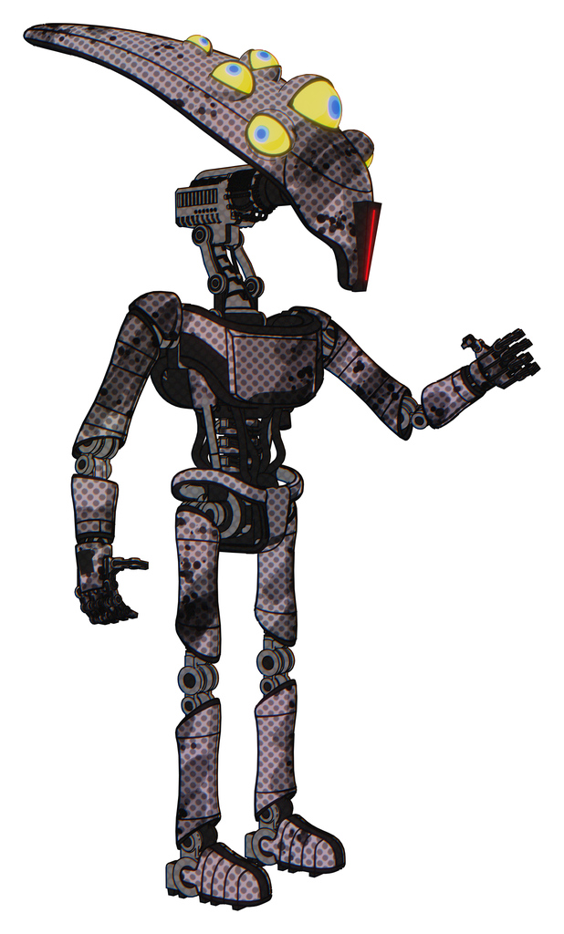 Mech containing flat elongated skull head and yellow eyeball array and light chest exoshielding and ultralight chest exosuit and ultralight foot exosuit. Smudgy sketch. Interacting.