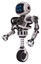 Bot containing digital display head and hashtag face and heavy upper chest and no chest plating and unicycle wheel. White halftone toon. Facing right view.