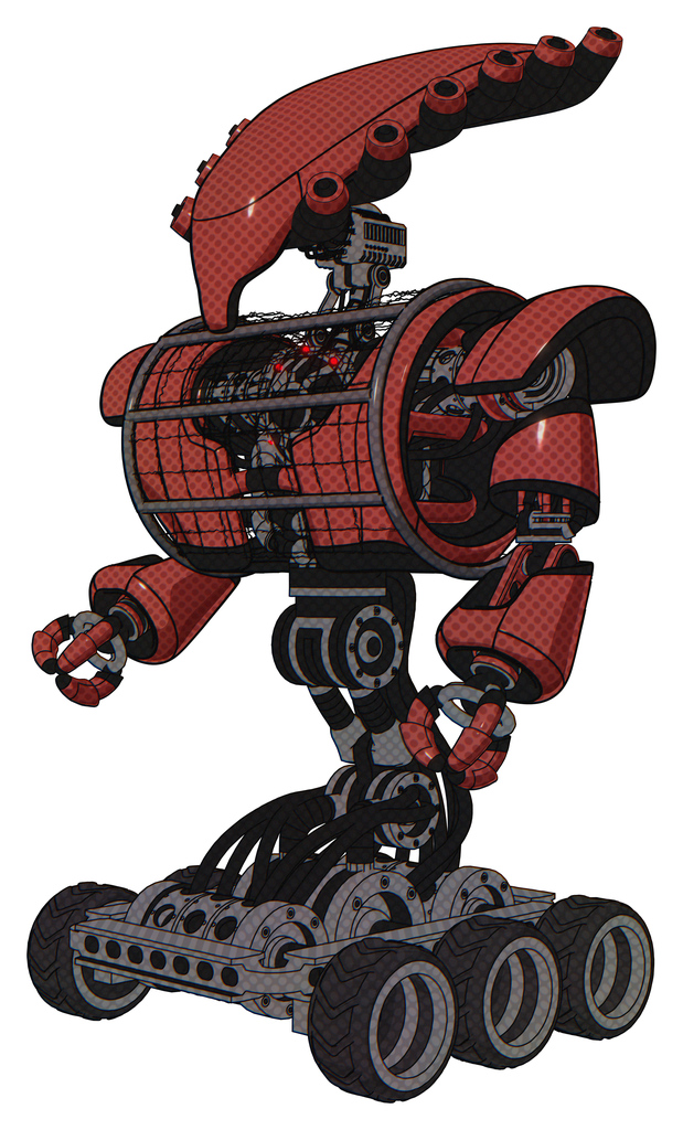 Cyborg containing flat elongated skull head and heavy upper chest and heavy mech chest and barbed wire chest armor cage and six-wheeler base. Light brick red. Facing right view.
