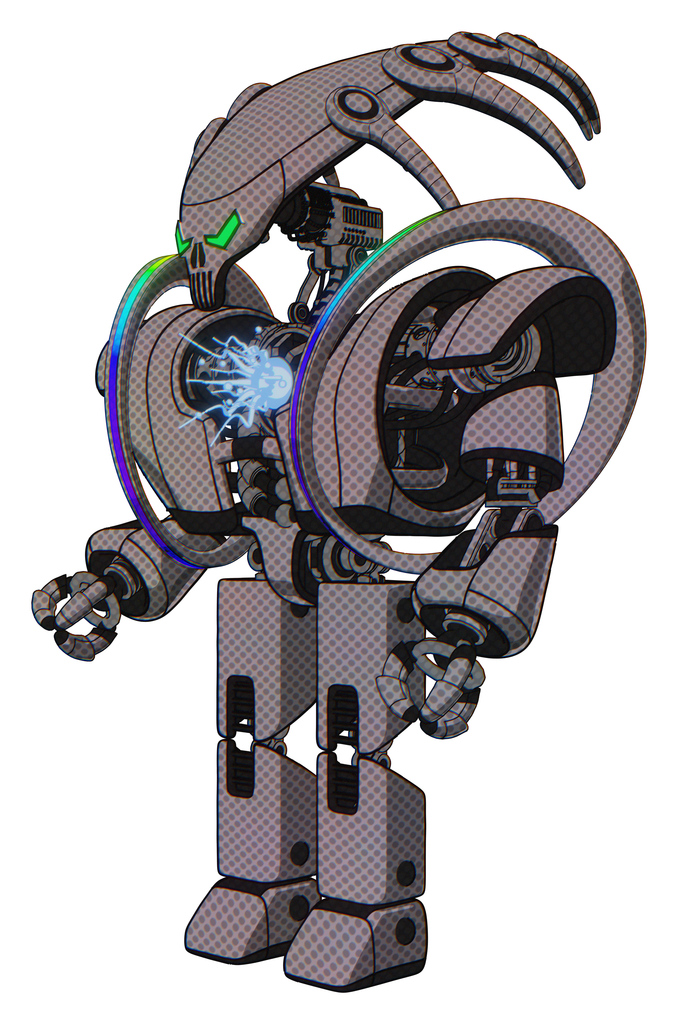 Android containing flat elongated skull head and heavy upper chest and heavy mech chest and spectrum fusion core chest and prototype exoplate legs. Halftone gray. Facing right view.