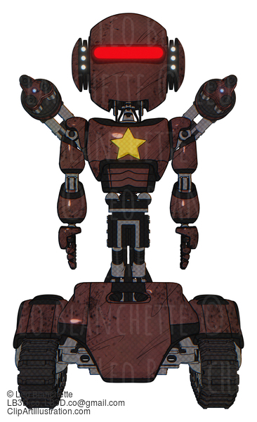 Android Containing Round Head And Horizontal Red Visor And Head Light Gadgets And Light Chest Exoshielding And Yellow Star And Minigun Back Assembly And Tank Tracks. Steampunk Copper. Front View. #18687