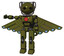 Mech containing oval wide head and barbed wire visor helmet and light chest exoshielding and red chest button and cherub wings design and prototype exoplate legs. Army green halftone.
