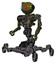 Mech containing oval wide head and giant blue and red led eyes and green led ornament and heavy upper chest and no chest plating and insect walker legs. Army green halftone. Facing right view.