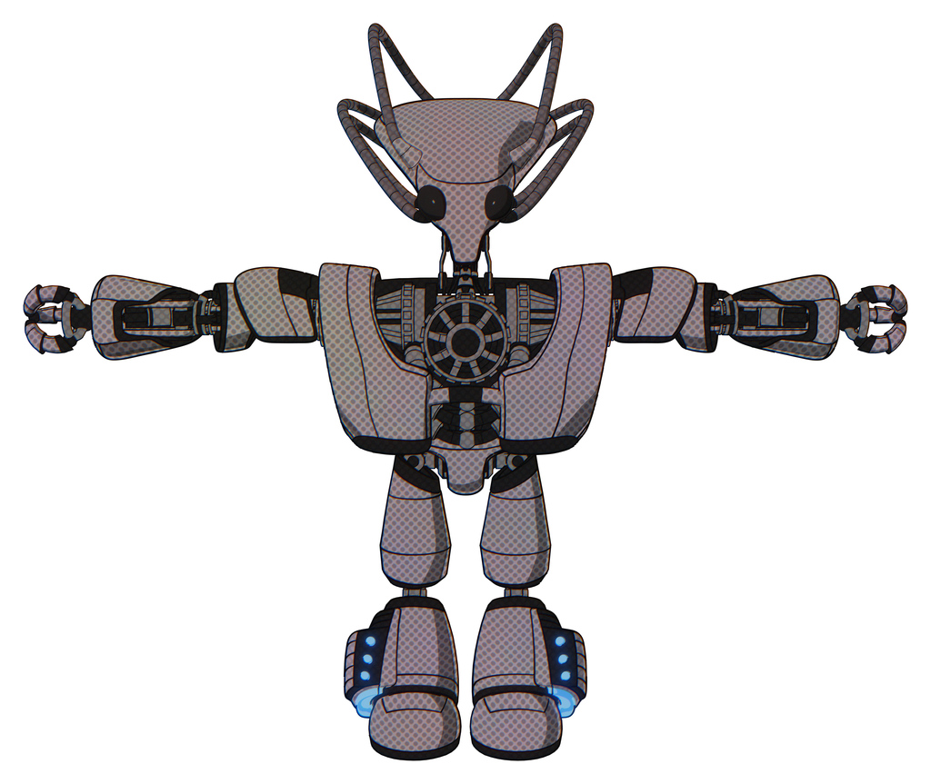 Droid containing flat elongated skull head and cables and heavy upper chest and heavy mech chest and light leg exoshielding and megneto-hovers foot mod. Halftone gray. T-pose.