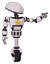 Mech containing dome head and light chest exoshielding and yellow star and unicycle wheel. White halftone toon. Pointing left or pushing a button..