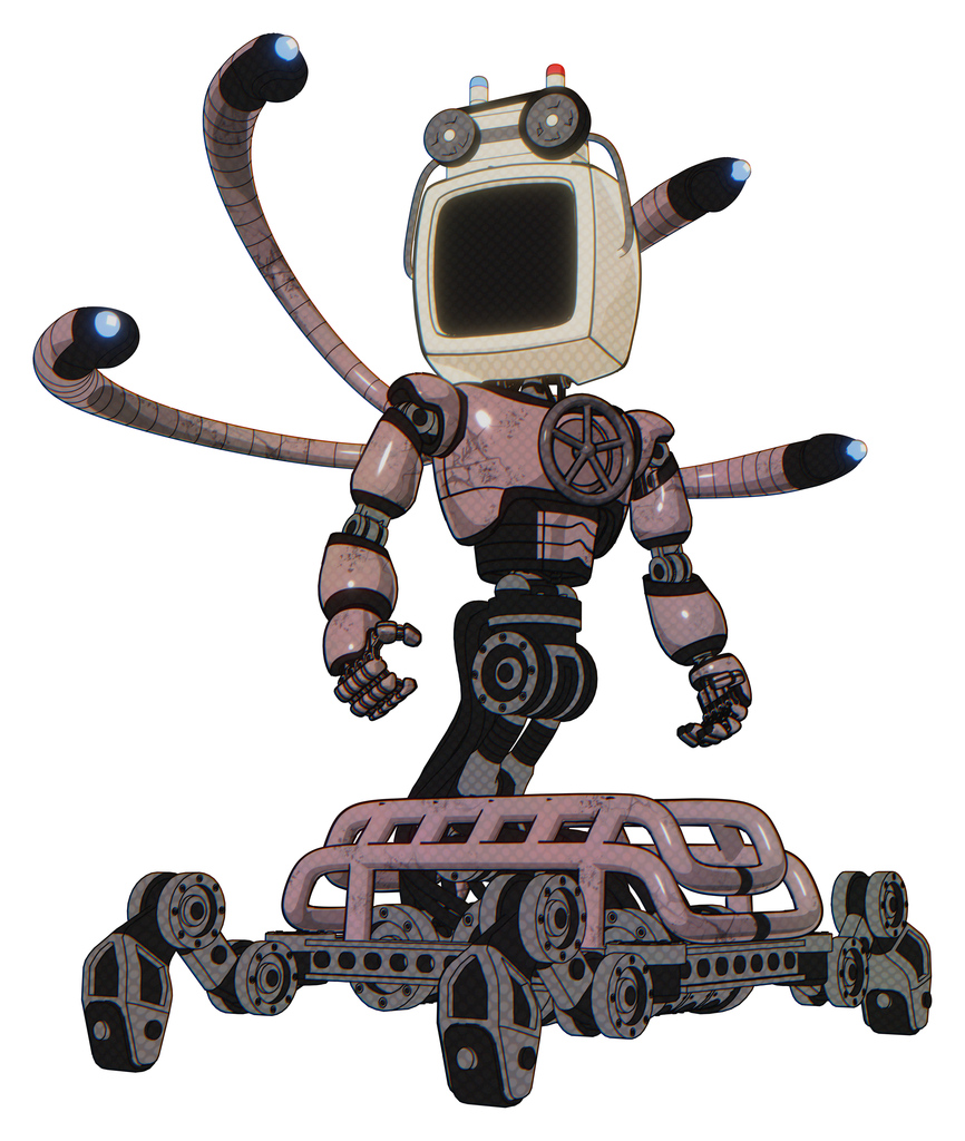 Cyborg containing old computer monitor and old computer magnetic tape and light chest exoshielding and chest valve crank and blue-eye cam cable tentacles and insect walker legs. Grayish pink.