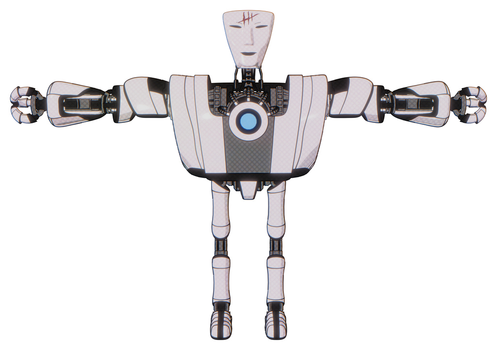 Mech containing humanoid face mask and red slashes war paint and heavy upper chest and heavy mech chest and blue energy fission element chest and ultralight foot exosuit. White halftone toon. T-pose.