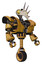 Bot containing bird skull head and big yellow eyes and heavy upper chest and heavy mech chest and unicycle wheel. Construction yellow halftone. Facing left view.