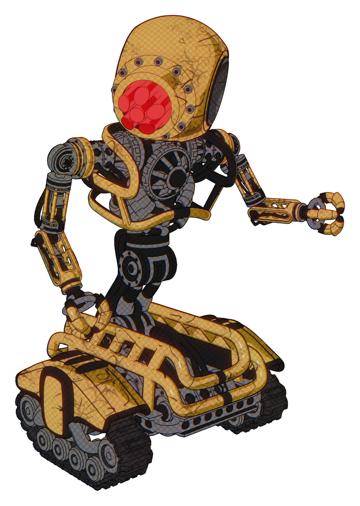 Robot containing round head and red laser crystal array and heavy upper chest and no chest plating and tank tracks. Construction yellow halftone. Fight or defense pose..