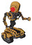 Robot containing round head and red laser crystal array and heavy upper chest and no chest plating and tank tracks. Construction yellow halftone. Fight or defense pose..