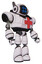 Cyborg containing digital display head and hashtag face and winglets and heavy upper chest and first aid chest symbol and light leg exoshielding. White halftone toon. Facing left view.