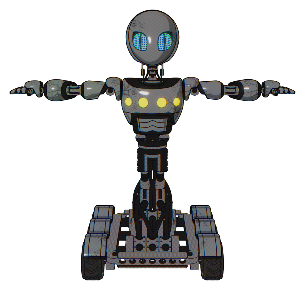Robot containing grey alien style head and blue grate eyes and light chest exoshielding and yellow chest lights and six-wheeler base. Patent concrete gray metal. T-pose.
