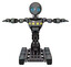 Robot containing grey alien style head and blue grate eyes and light chest exoshielding and yellow chest lights and six-wheeler base. Patent concrete gray metal. T-pose.