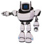 Bot containing digital display head and three vertical line design and winglets and heavy upper chest and light leg exoshielding. White halftone toon. Arm out holding invisible object..