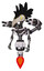 Droid containing bird skull head and big yellow eyes and crow feather design and light chest exoshielding and minigun back assembly and no chest plating and jet propulsion. White halftone toon.