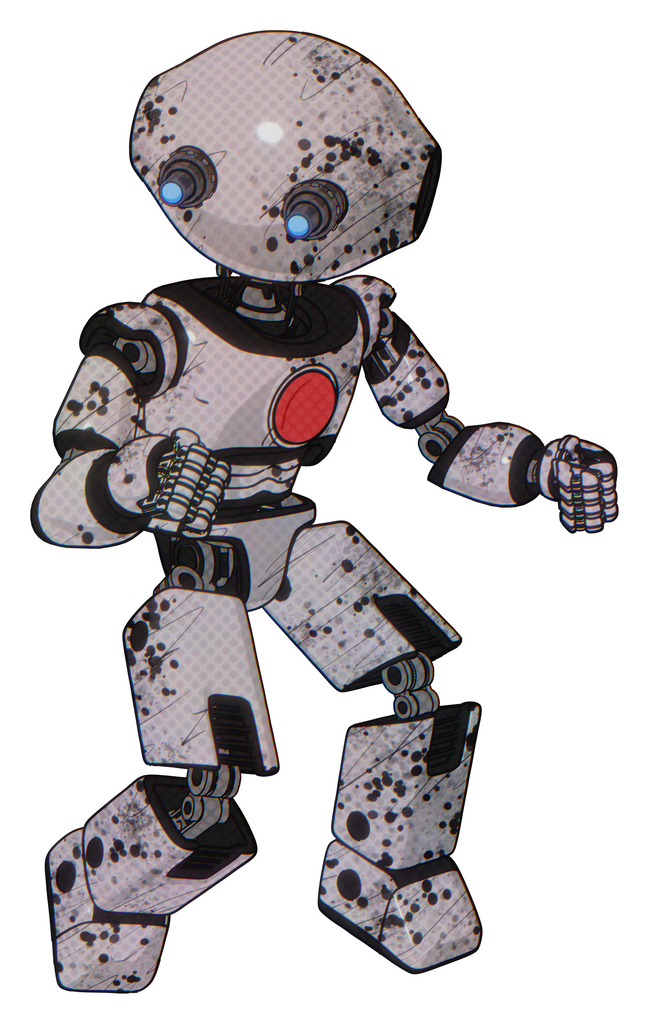 Mech containing oval wide head and telescopic steampunk eyes and light chest exoshielding and red chest button and prototype exoplate legs. Grunge sketch dots. Fight or defense pose..