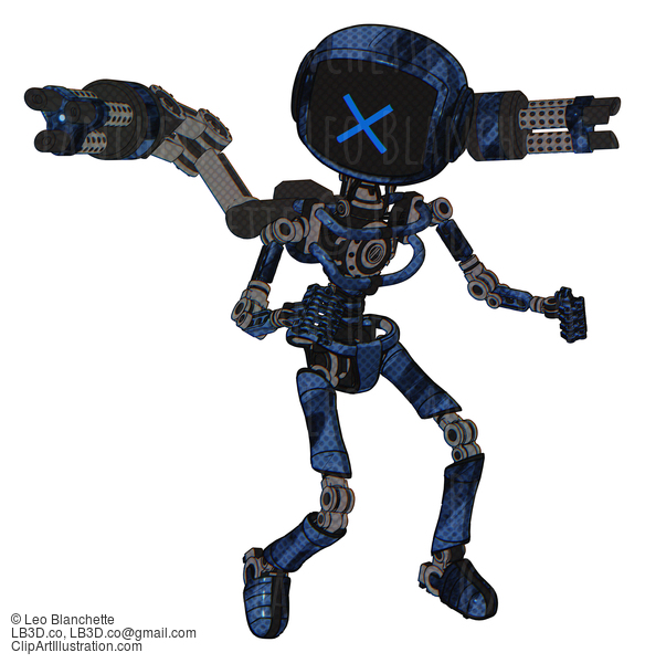 Android Containing Digital Display Head And X Face And Light Chest Exoshielding And Minigun Back Assembly And No Chest Plating And Ultralight Foot Exosuit. Grunge Dark Blue. Fight Or Defense Pose.. #18738