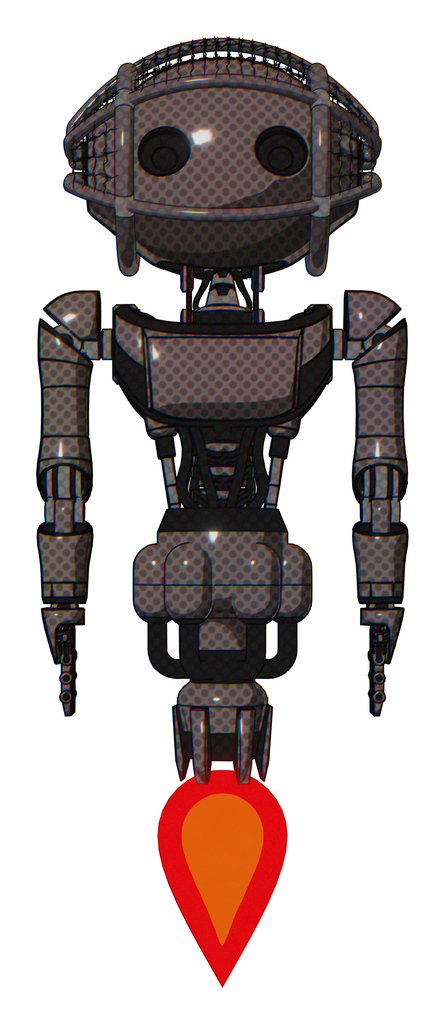 Cyborg containing oval wide head and barbed wire cage helmet and light chest exoshielding and ultralight chest exosuit and jet propulsion. Light brown. Front view.
