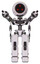 Droid containing three led eyes round head and light chest exoshielding and minigun back assembly and no chest plating and prototype exoplate legs. White halftone toon. Front view.