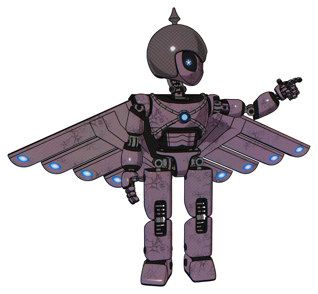 Cyborg containing grey alien style head and electric eyes and gray helmet and light chest exoshielding and blue energy core and cherub wings design and prototype exoplate legs. Lilac metal.