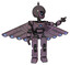 Cyborg containing grey alien style head and electric eyes and gray helmet and light chest exoshielding and blue energy core and cherub wings design and prototype exoplate legs. Lilac metal.