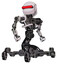 Droid containing round head and horizontal red visor and heavy upper chest and no chest plating and insect walker legs. White halftone toon. Hero pose.