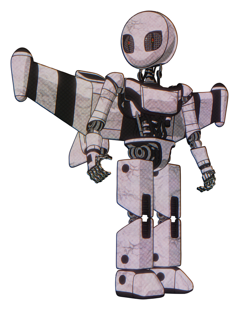 Droid containing grey alien style head and metal grate eyes and light chest exoshielding and ultralight chest exosuit and stellar jet wing rocket pack and prototype exoplate legs. Sketch pad light.