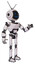 Automaton containing digital display head and stunned expression and retro antennas and light chest exoshielding and chest green blue lights array and ultralight foot exosuit. White halftone toon.
