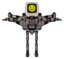 Robot containing old computer monitor and pixel design of yellow happy face and light chest exoshielding and chest valve crank and stellar jet wing rocket pack and ultralight foot exosuit.