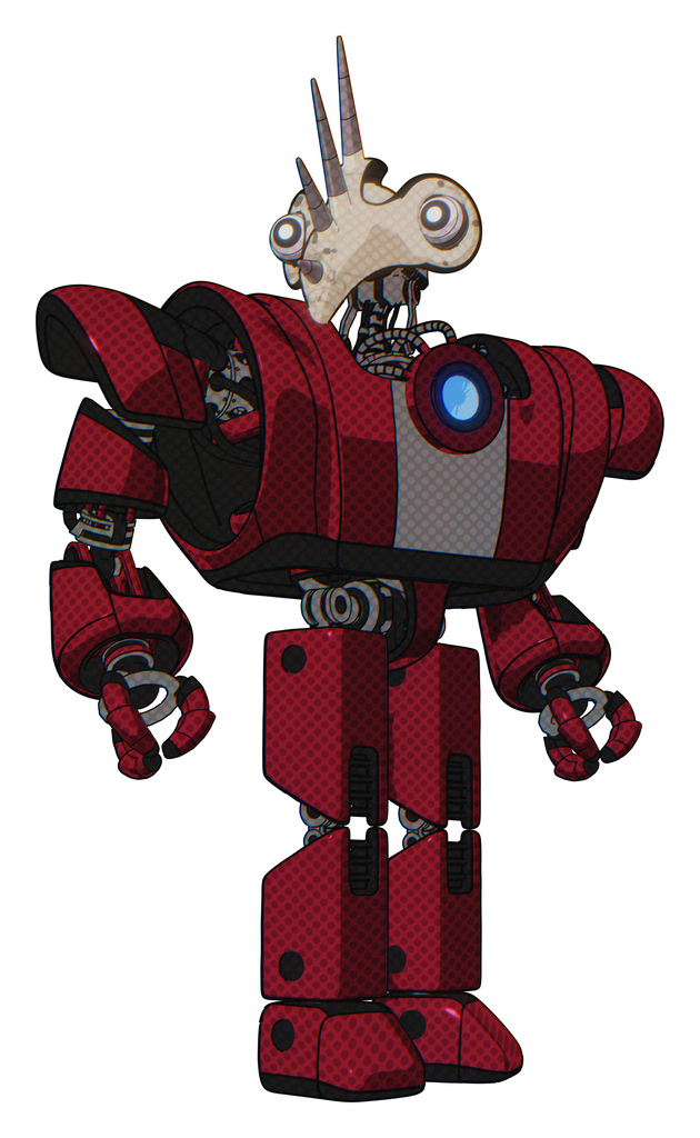 Bot containing bird skull head and white eyeballs and heavy upper chest and heavy mech chest and blue energy fission element chest and prototype exoplate legs. Fire engine red halftone. Hero pose.