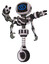Bot containing digital display head and large eye and light chest exoshielding and minigun back assembly and no chest plating and unicycle wheel. White halftone toon. Hero pose.