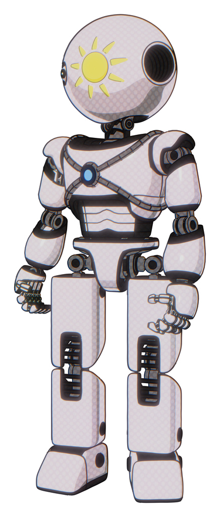 Droid containing oval wide head and sunshine patch eye and light chest exoshielding and blue energy core and prototype exoplate legs. White halftone toon. Standing looking right restful pose.