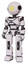 Droid containing oval wide head and sunshine patch eye and light chest exoshielding and blue energy core and prototype exoplate legs. White halftone toon. Standing looking right restful pose.