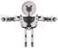 Bot containing dual retro camera head and satellite dish head and heavy upper chest and heavy mech chest and shoulder spikes and ultralight foot exosuit. White halftone toon. T-pose.