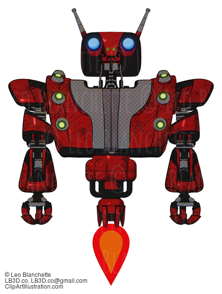 Android Containing Dual Retro Camera Head And Cyborg Antenna Head And Heavy Upper Chest And Heavy Mech Chest And Green Cable Sockets Array And Jet Propulsion. Red Blood Grunge Material. Front View. #18787